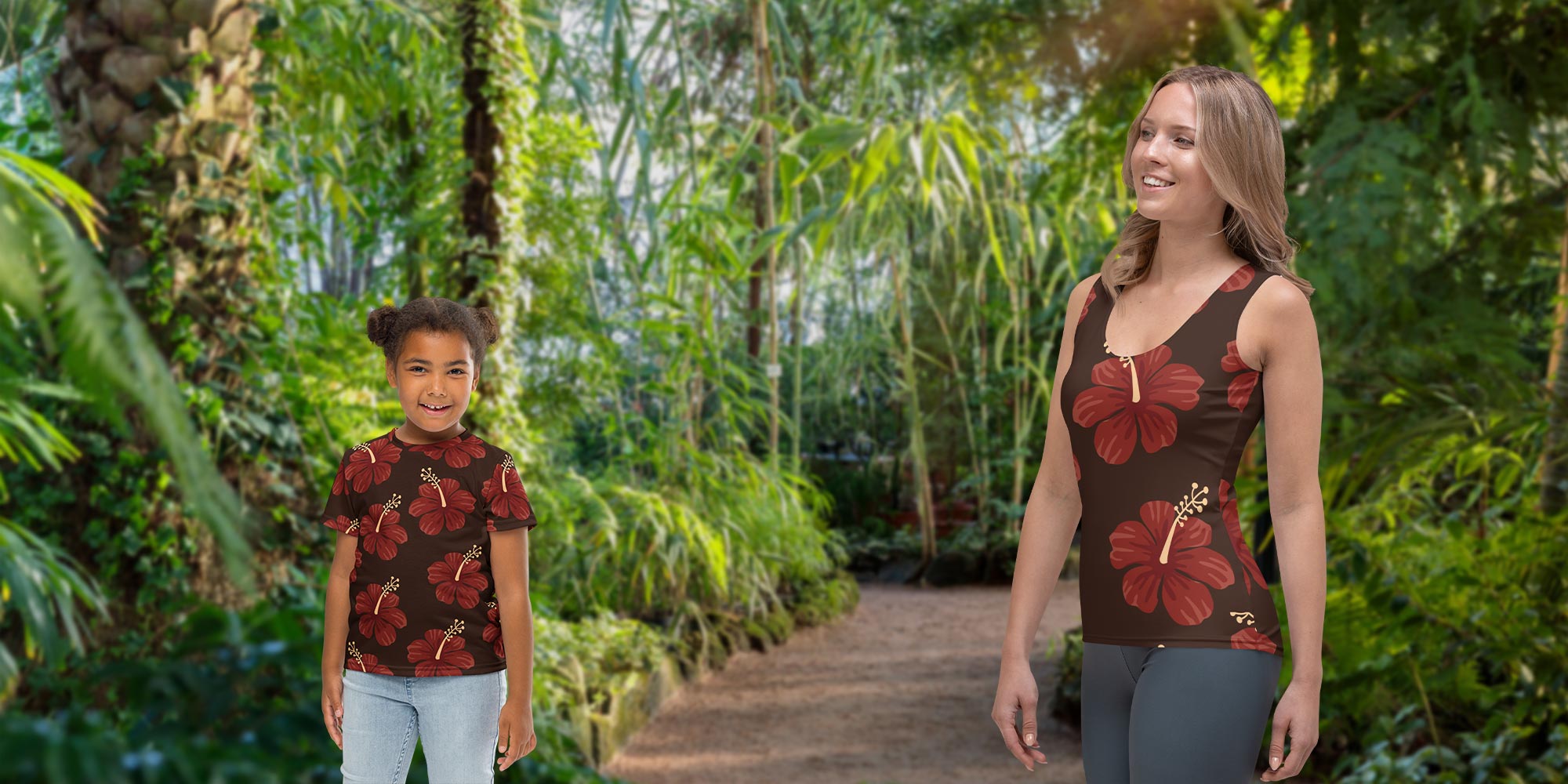 Twinsies Red Hibiscus Pattern Shirts